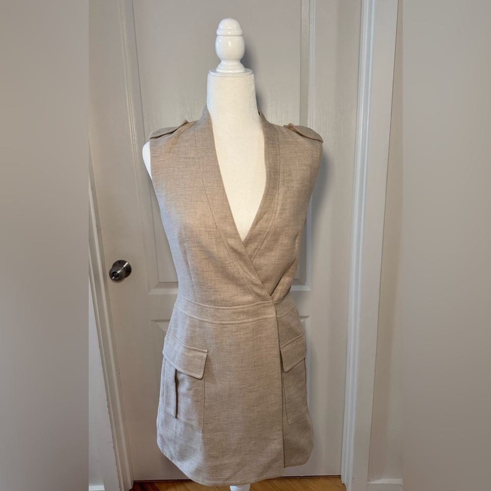 BCBG MaxAzria Khaki Wrap Mini Dress XXS | Neutral Spring Work Dress - Picture 2 of 7